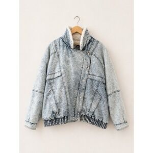 Vintage 1980s Radical Acid Wash Retro Jean Jacket Fleece Shearling Moto Size XL